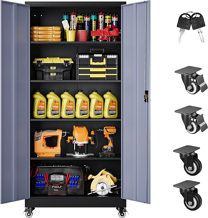 75" Tall Metal Storage Cabinet with Wheels,Rolling Garage Storage Cabinet with Lock,Gray Metal Cabinets with Wheels and Shelves,Tall Tool Cabinets on Wheel for Garage,Home,Office,Shop