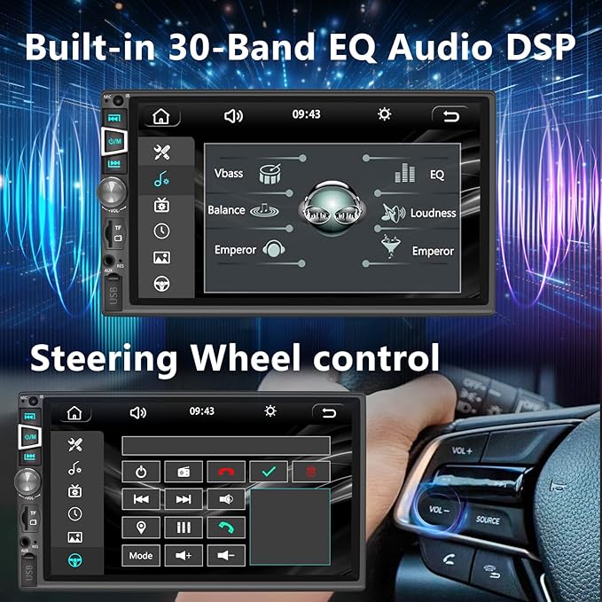 Double Din Car Stereo Compatible with Wireless Carplay&Android Auto&Mirror Link,7 Inch HD 1024 * 600 Touchscreen with Bluetooth 5.2,Backup Camera Input,Voice Control,USB/AUX/TF/SWC/MIC,AM/FM Radio