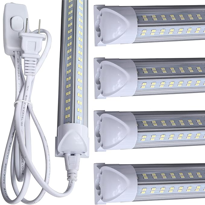 LED Shop Light Fixture, 4FT, 60W 7500LM, 6000K Cold White, 4 Foot T8 Integrated LED Tube Lights, Plug in Warehouse Garage Lighting, V Shape, Linkable with On/Off Switch (4PCS)