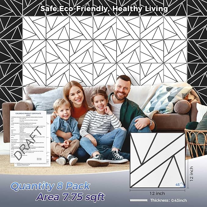 8 Pack 2-Layer Soundproof Wall Panels, 12 x 12 x 0.43 in Sound Proof FoamPanels for Walls, 1.2lb/ft* High Density, Thicker 0.43 in, 3D AcousticPanels,Artistic Noise Dampening Panels White&Black