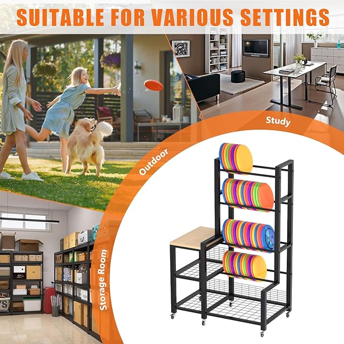 Disc Golf Storage Rack with Wheels – Heavy Duty Metal Disc Golf Rack for Discs, Backpacks & Accessories – Ideal for Garage, Home, or Store Display