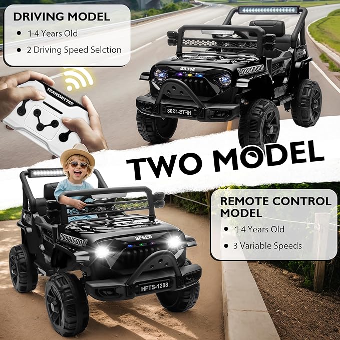 12V Ride on Electric Truck Car for Kids, 12V Kids Electric Vehicles w/Remote Control, Four-Wheel Suspension, USB, Bluetooth, Power Display, Lights, Battery Powered Ride on Toys for Boys Girls (Black)