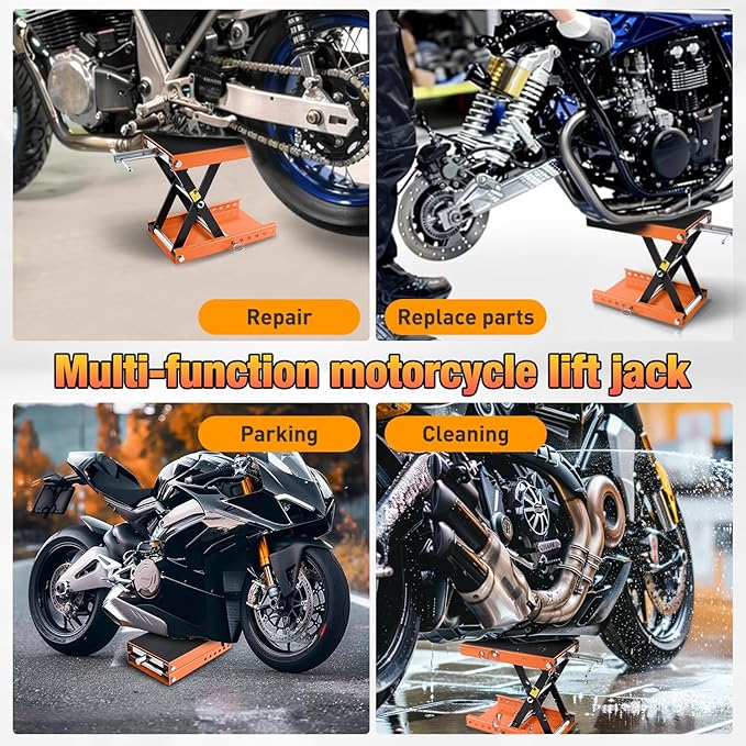 Nilight Motorcycle Lift Jack 1100 LBS Scissor Jacks Stand Lift with Wide Deck Safety Pin Handle 3.4"-14.2" Height Adjustable Hoist Stand Garage Repair Lifter for Motorcycles ATV Dirt Bike, Orange