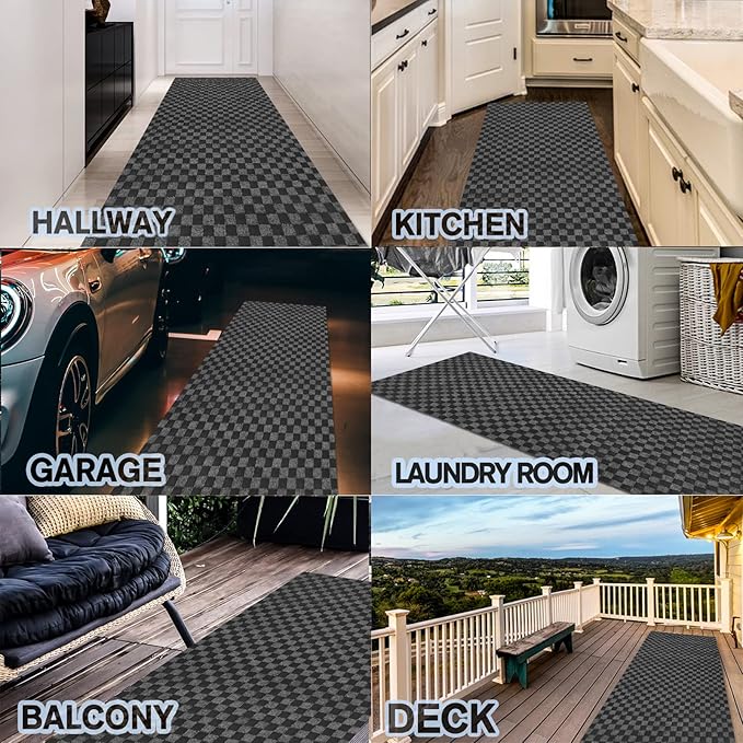 Custom Size Backed Non-Slip Area Rugs Runner, Easy Clean, Waterproof Runner Rugs for Hallway Entryway, Kitchen, Laundry, 4FT x 22FT, Gray Checkered