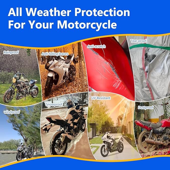 Motorcycle Cover, 600D Heavy Duty Waterproof Motorbike Cover, Dustproof Motorcycles Vehicle Cover Scooter Shelter Protection with Reflective Strips & Storage Bag 116" x 41" x 50"