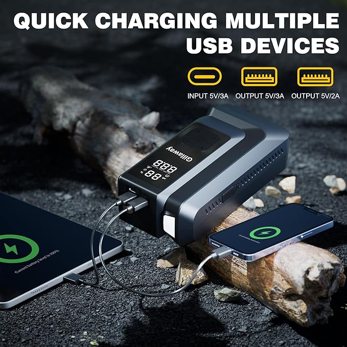 7-in-1 Jump Starter 6000A Car Jumper Starter Portable with 150PSI Portable Air Compressor, 12V Car Battery Charger, Tire Inflator, Flashlight, Power Bank