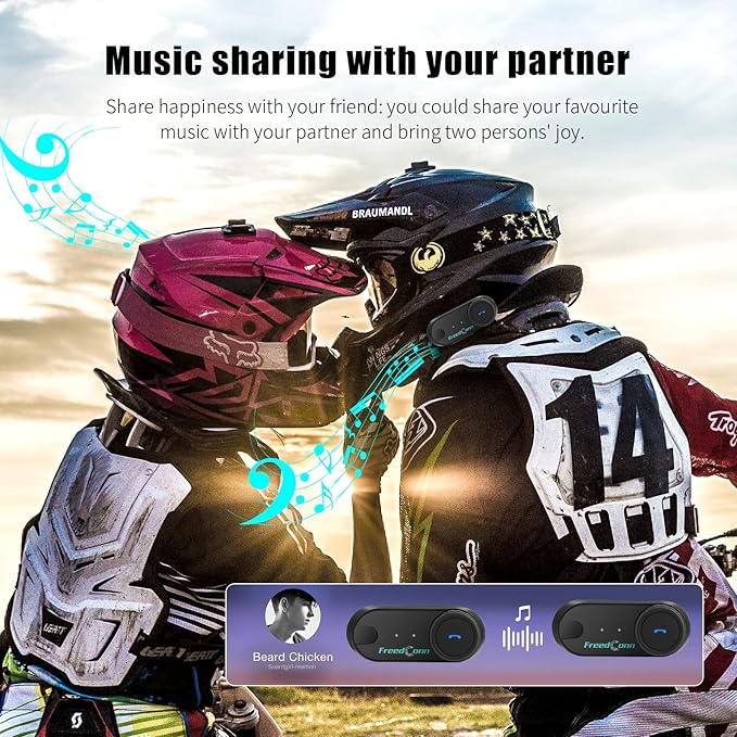FreedConn TCOM VB Motorcycle Helmet Bluetooth Headset, Motorcycle Communication Systems with CVC Noise Cancellation, Stereo Music, 3 Riders 0.5mi/800m intercom, 12Hrs Intercom, IP65, 2 Pack