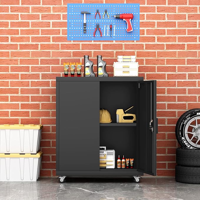 LUCYPAL Metal Storage Cabinet with Locking Doors and Wheels,Garage Storage Cabinets with 1 Adjustable Shelf for Home Office,Steel Counter Cabinet for Office,Garage,Kitchen,Black