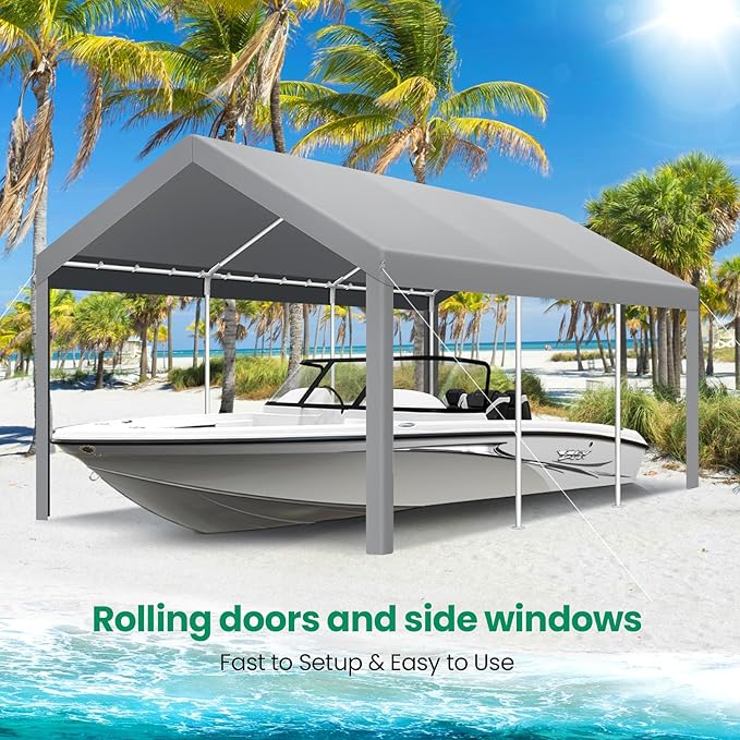 COBIZI Carports 10x20 Heavy Duty Car Tent Garage, Galvanized Frame Car Canopy Outdoor Shelter Waterproof & UV Protected with Windproof Ropes & Built-in Sandbags for Car Truck Boat, Gray