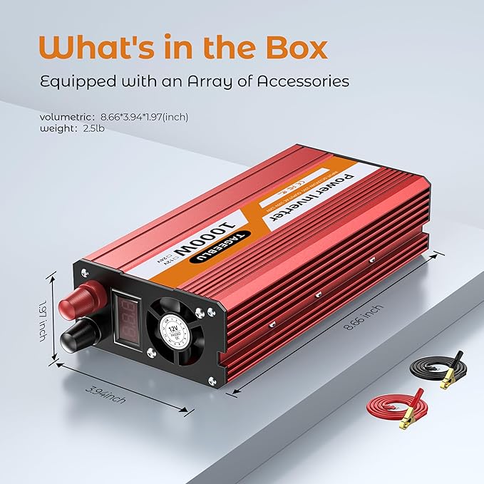 1000W Power Inverter, DC 12V to 110V AC Car Inverter with LCD Screen Display, 2 AC Outlets, Equipped with 2 Clips for Truck, Home, Vehicles, Laptop, Trip