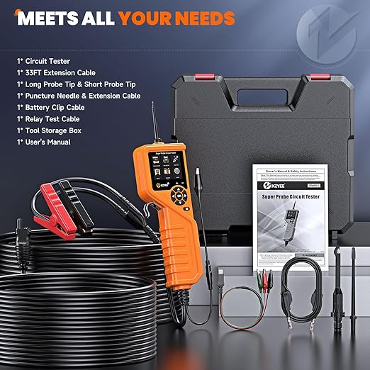 KZYEE KM601 Power Circuit Probe Kit, 12V-24V Automotive Circuit Tester with Battery Test, Multimeter, Oscilloscope, Fuel Injector, Short Circuit Finder, Component Activator, Current Probe, 30FT Cable