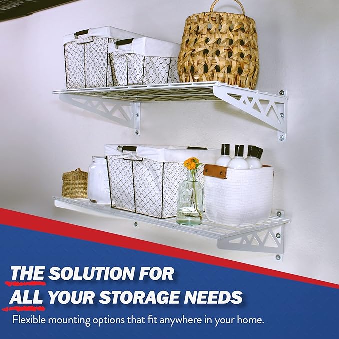SafeRacks Wall Shelves - 2 Pk 12"x36" Wall Mountable Shelving Unit for Pantry or Utility, Heavy Duty Shelves w/ 4 Accessory Hooks, 300lbs Capacity, White