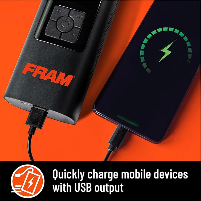 FRAM FEK40002 Portable Emergency Tire Inflator with 6000mAh Battery and 12V, 150PSI Air Pump for Car, Bike, Motor, Ball with Digital Tire Pressure Gauge with LED Light