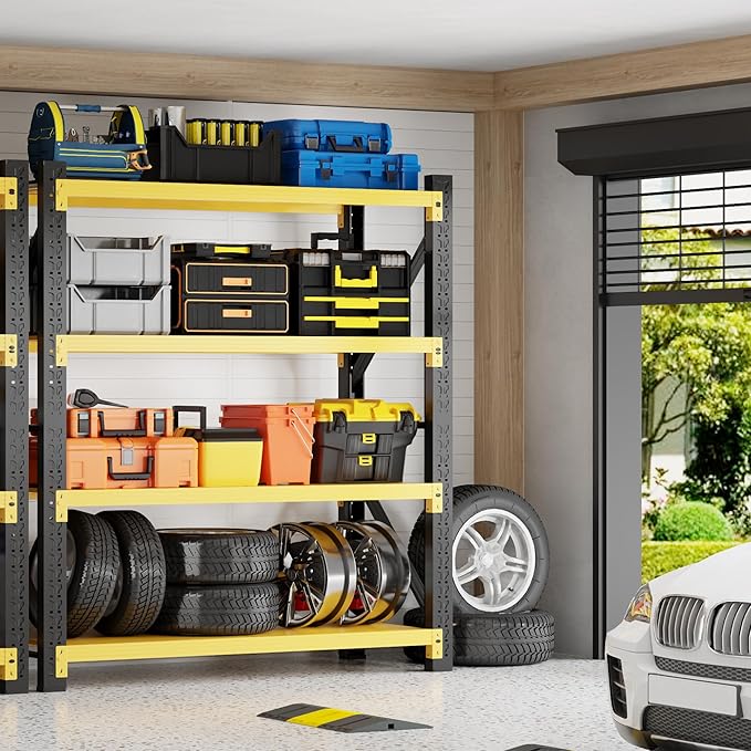 5000LBS Heavy Duty Garage Shelving 59" W Garage Storage Shelves 4-Tier Metal Garage Shelving Adjustable Shelf Unit Storage Rack for Basement Supermarket Warehouse 59" W x 24" D x 78" H Yellow