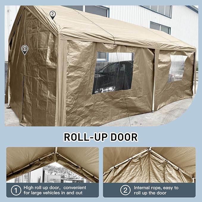 Car Canopy Portable Garage Duty Carport with Roll-up Windows,Portable Garage with Removable Sidewalls & Doors, Car Canopy with All-Season Tarp for Car Boat Truck Motorcycle 10FT×20FT (Khaki)