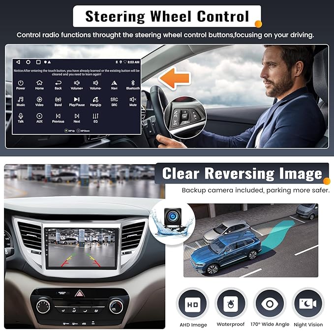 2G+64G 9 Inch Android Car Stereo for Hyundai Tucson 2015-2018 Radio Wireless Apple CarPlay Android Auto Bluetooth Touchscreen GPS Navigation Head Unit WiFi FM USB SWC Split Screen+AHD Backup Camera