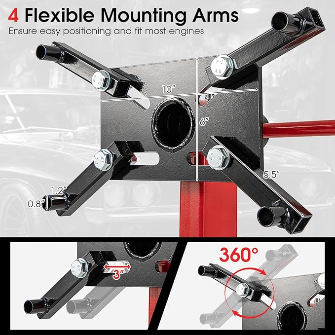Goplus Engine Stand, 1500 LBS (3/4 Ton) Motor Stand with 4 Wheels, 360 Degree Rotating Head & 4 Adjustable Arms, Heavy-Duty Metal Engine Holder for Garage, Auto Repair, Red
