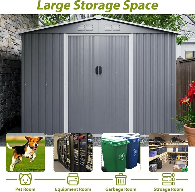 8x6 FT Outdoor Metal Storage Shed with Lockable Door & Floor Frame, Heavy-Duty Garden Tool Shed, Weatherproof Steel Utility Shed for Backyard, Patio, or Lawn Organization