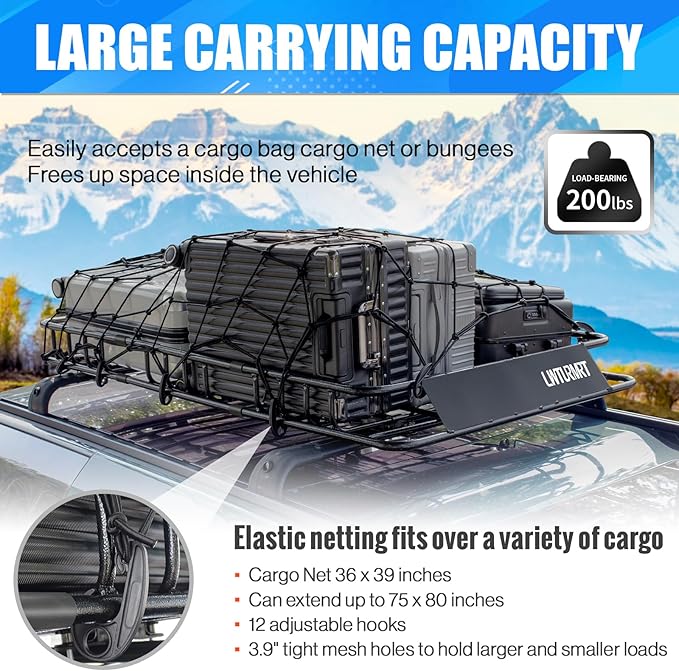 Heavy Duty 58"X36"X5" Roof Rack Basket Universal Rooftop Carrier With Waterproof Bag 18 Cubic Feet (54"X34"X17"), Cargo Net With Grabber
