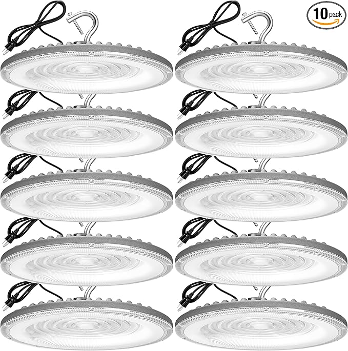 10 Pack 150W UFO Led High Bay Light 6000K Daylight,120VAC,Commercial Bay Lighting,IP66 Waterproof,21050LM,650W MH/HPS with Plug Area Lighting for Warehouse/Shop/Workshop/Barn/Gym/Factory