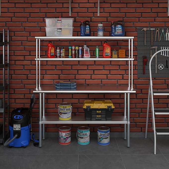 Amgood Stainless Steel Work Table Double Tier Overshelf | Metal Kitchen Prep Table & Shelving Combo (18" x 60" Work Table + 12" Overshelf)