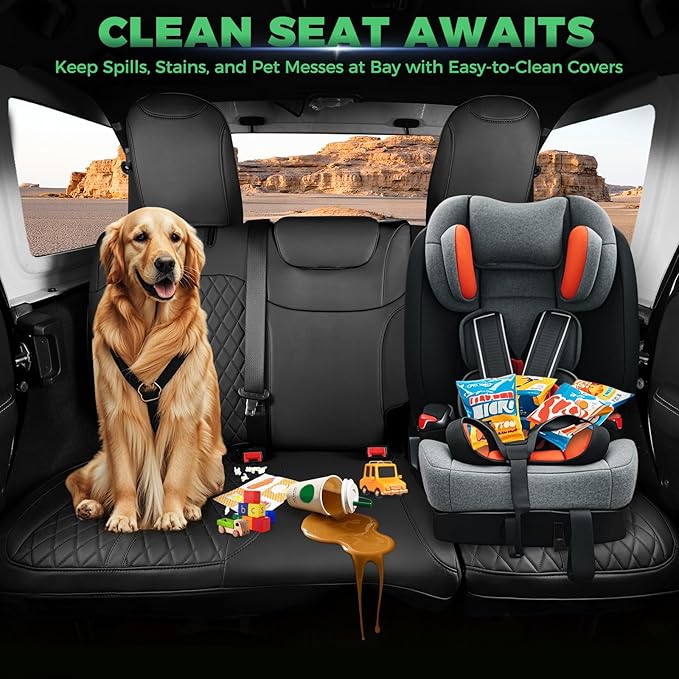 for Jeep Wrangler Seat Covers 4Door JL 2018 2019 2020 2021 2022 2023 2024 2025, Custom Fit Car Seat Cover Full Set, Luxury Waterproof Leather Seat Protectors, Black, W/O Rear Cup Holder