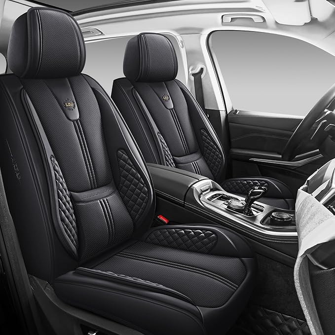 Car Seat Covers Full Set, Black Seat Cover for Cars Compatible Airbag, Easy Install Luxury Leather Automotive Seat Covers with Lumbar Support, for Car, Truck, SUV, Black