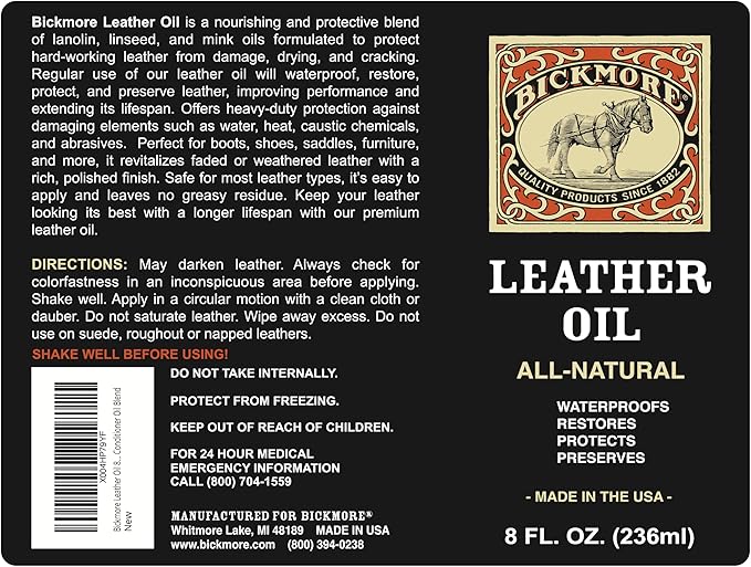 Leather Oil Leather Conditioner 8oz | Waterproofs, Protects, and Restores Boots, Jackets, Auto, Furniture, and All Leather Goods | Made in The USA