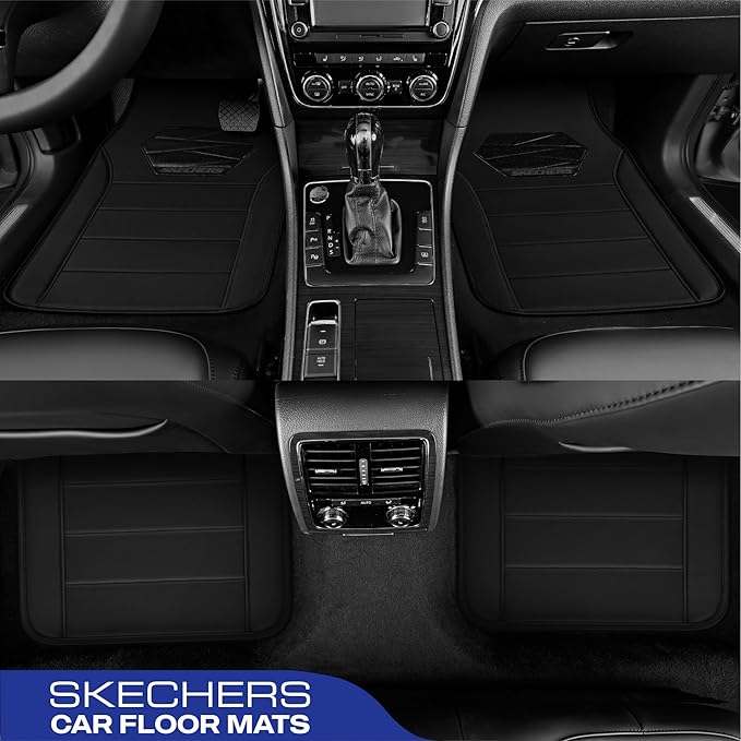 Skechers Memory Foam Car Mats, Leather Piping with Anti-Slip Pad, Universal Waterproof Fit Automotive Floor Mats for SUV, Vans, Sedans, Trucks, Full Set 4pcs Black