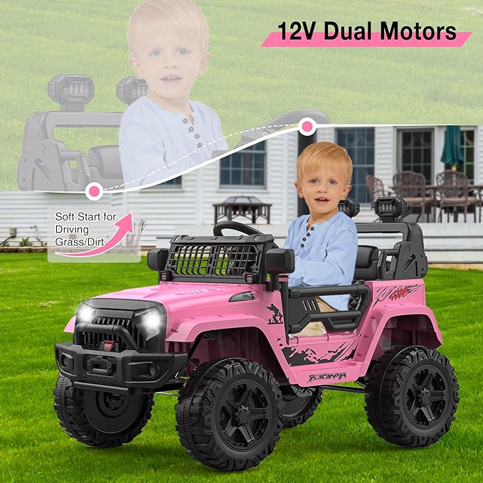 12V Kids Electric Ride On Truck Car w/Parent Remote Control, Spring Suspension, LED Lights & AUX Port | Outdoor Ride Toy for Boys Girls