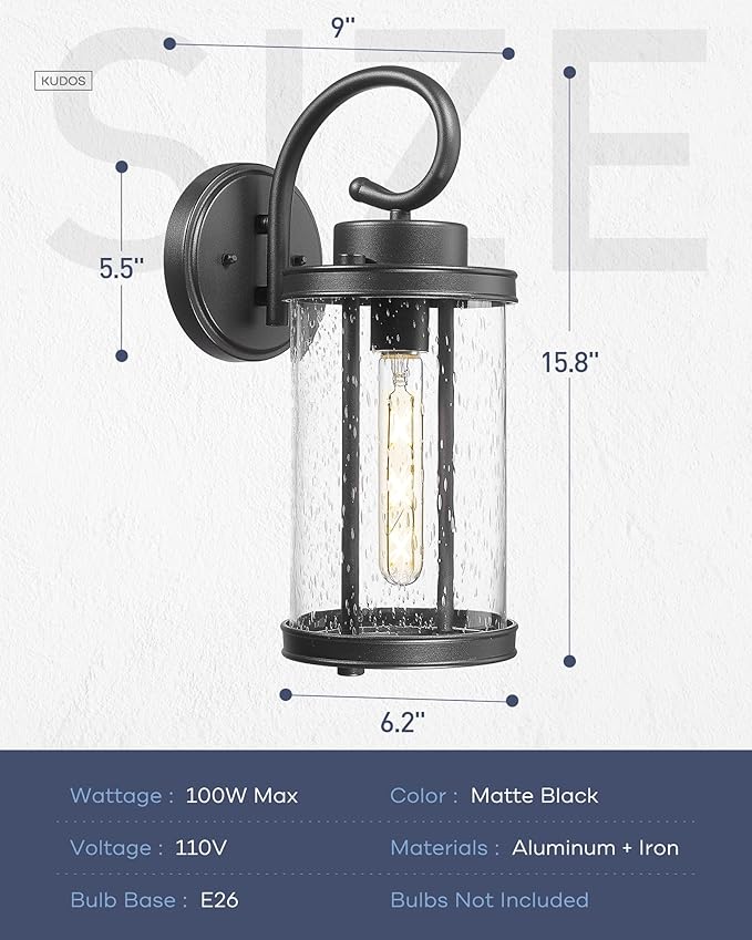 kudos Porch Lights Outdoor, 15.8 inch Large Cylinder Wall Light, E26 Sockets, Anti-Rust Waterproof Light Fixtures Wall Mount for Patio, Black with Seeded Glass, KDOWL01-BK-L
