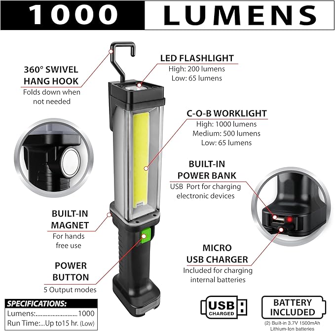 Performance Tool 189 1000LM Li-Ion Work Light w/Power Bank