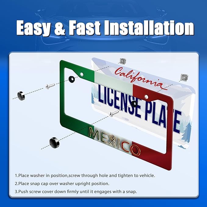 Mexico Flag License Plate Frame Personalise Mexican Funny License Plate Stainless Steel Flag License Plate Holder Car Accessory with Screws Car Decoration 12.3" x 6.3" for Men Women