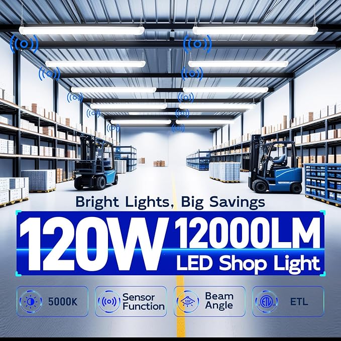 hykolity Pir Sensor 4FT 120W LED Shop Light, 12000lm(370w Equivalent), 5000K Daylight, Motion Activated, Hanging or FlushMount, with Power Cord, for Garages, Workshops, ETL, 2 Pack
