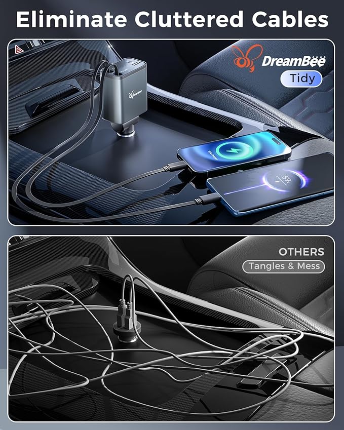 Retractable 70W USB Car Charger Adapter, 4 in 1 Fast Phone Charger, 2 Retractable Cords, USB C, Compatible with iPhone 16/15/15 Pro Max/14/13/12/11, Samsung