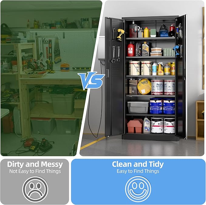 Metal Storage Cabinet with Pegboard 71'' x 34'' x 18'',Lockable Steel Storage Cabinet with 5 Adjustable Shelves and Door for Garage, Office, Kitchen, Assembly Required(Black)