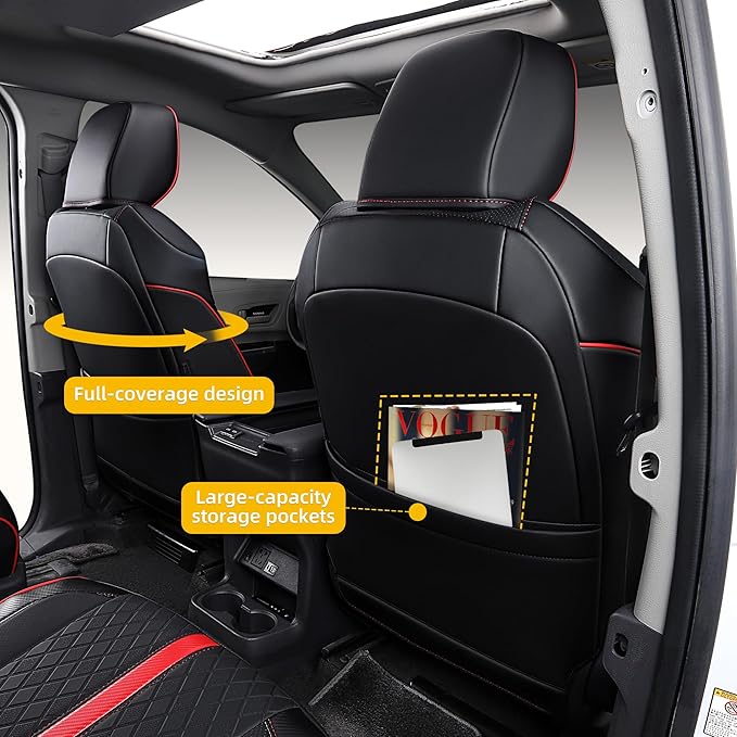 Custom Fit Sienna Seat Covers for Toyota Sienna LE,XLE 2021-2025 3-Row Accessories Full Coverage Waterproof Leather Car Seat Covers Full Set (Black with red, 8-Seat)