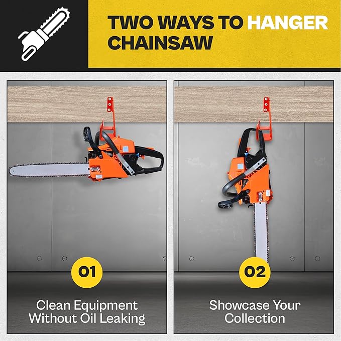 2 Pack Heavy Duty Chainsaw Wall Mount Holder – Chainsaw Hanger Rack for Garage Organization – 150lbs Capacity, Anti-Scratch Pads, 10 Gauge Steel, Storage for Chainsaw Accessories and Tools