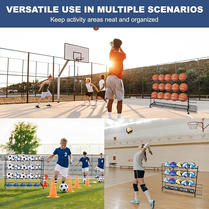 Basketball Rack, Shooting Training Rolling Ball Stand, Garage Organizer with Wheels, 4-Layer Sports Equipment Storage Holder with Baskets and Hooks for Soccer Baseball Footballs Volleyball
