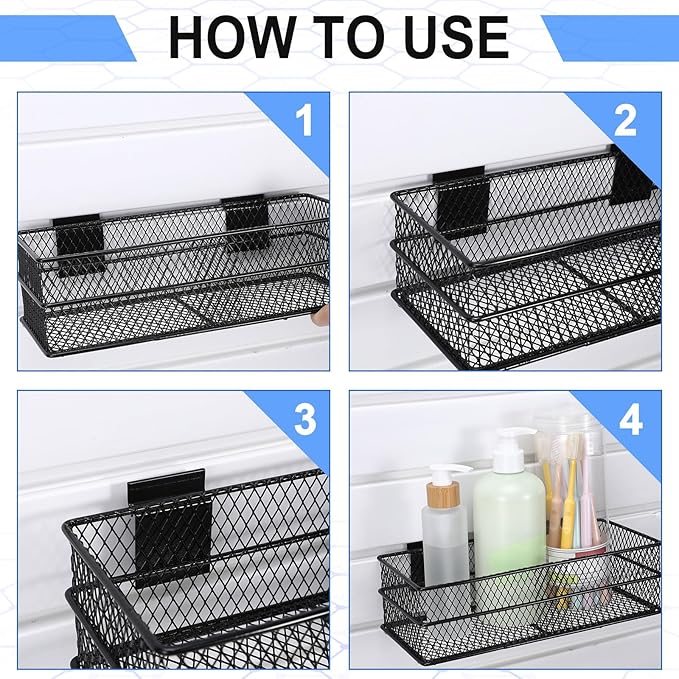 Barydat 4 Pcs Slatwall Basket Set Ventilated Metal Slatwall Basket Hanging Wire Bins Wall Mounted Accessories for Panel Garage Storage Display Organizing(Multi Size,Black)
