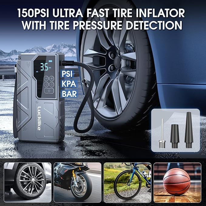【New】 Lucklike Jump Starter with Air Compressor, 4000A Portable Car Battery Jumper Starter Pack for 10L Gas and 8L Diesel, Tire Inflator with Presssure Detection, 12V Jump Box with 3 Modes Flashlight