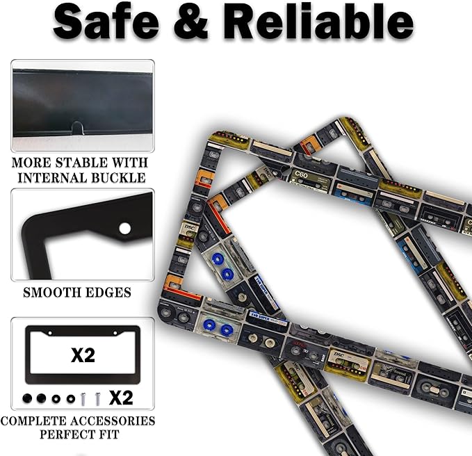License Plate Protector Multicolor License Plate Frames Vintage Cassette Music Tape Aluminum Metal Car Accessory 2 Pack with Screw Covers Set