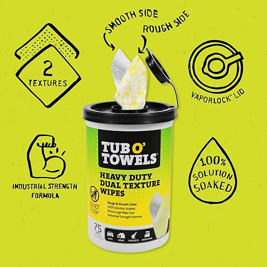 Tub O’ Towels TW75 Heavy-Duty 10" x 12" Size Multi-Surface Cleaning Wipes, Dual Texture, 75 Count Per Canister