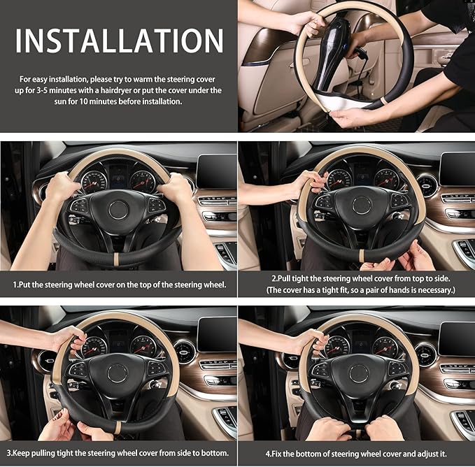 COFIT Breathable Car Steering Wheel Cover 15 inch Auto Universal Leather Wrap Non-Slip Steeringwheel Protector Automotive Interior Accessories, Beige (Suit for 14.5-15 inch)
