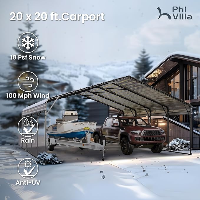 PHI VILLA 2 car Metal Carports 20 x 20 ft Carport with Galvanized Steel Roof, Sturdy Heavy Duty Metal Carport for Cars, Boats, and Tractors