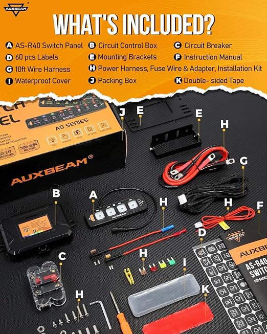 Auxbeam 4 Gang Slim Switch Panel RGB AS-R40 Toggle Momentary Pulsed Dimmable Backlight Multifunction Switch Panel with Memory Function for 12-24V Truck Offroad Car Marine Waterproof 2 Years Warranty