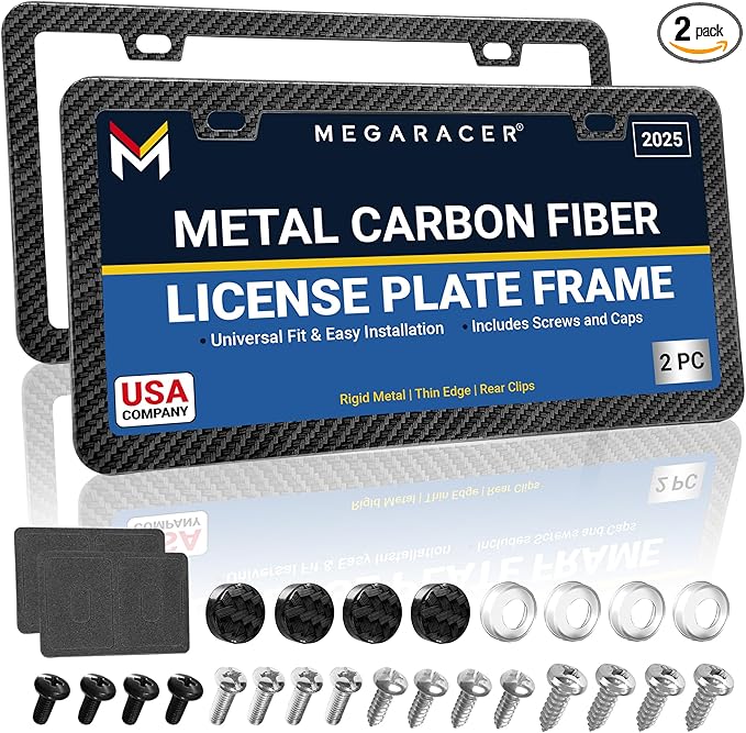Premium Slim Carbon Fiber Design License Plate Frames – 2 Pack, Rust-Free Stainless Steel & Rattle-Free, Street Legal, Universal with Screw Caps Cover, Thin Metal Front & Rear Car Tag Holders for Men