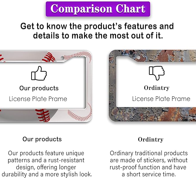 License Plate Frames for Men Red and White License Plate Cover for Women Baseball Texture Aluminum Metal Car Accessory 2 Pack with Screw Covers Set
