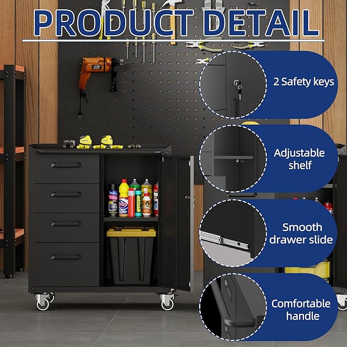 Metal Tool Cabinet,Garage Storage Cabinet System,Wall Cabinet & Locking Rolling Tool Cabinet with Doors and Adjustable Shelves,Steel Tool Cabinets for Home,Office (2 Pcs-Styled, Black)