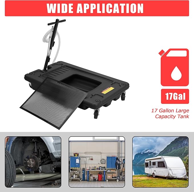 ‌17 Gal Electric Oil Drain Pan, Low Profile Mobile Oil Changing Pan with Hand Pump, 8 Ft Hose & Quick Drain Valve, Leak-Proof Design for Truck Car Motorcycle, Garage Workshop Use